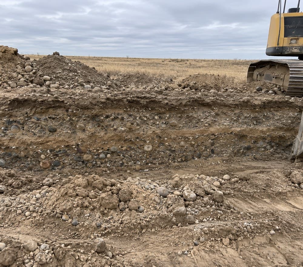 An excavator working piles of sand and gravel