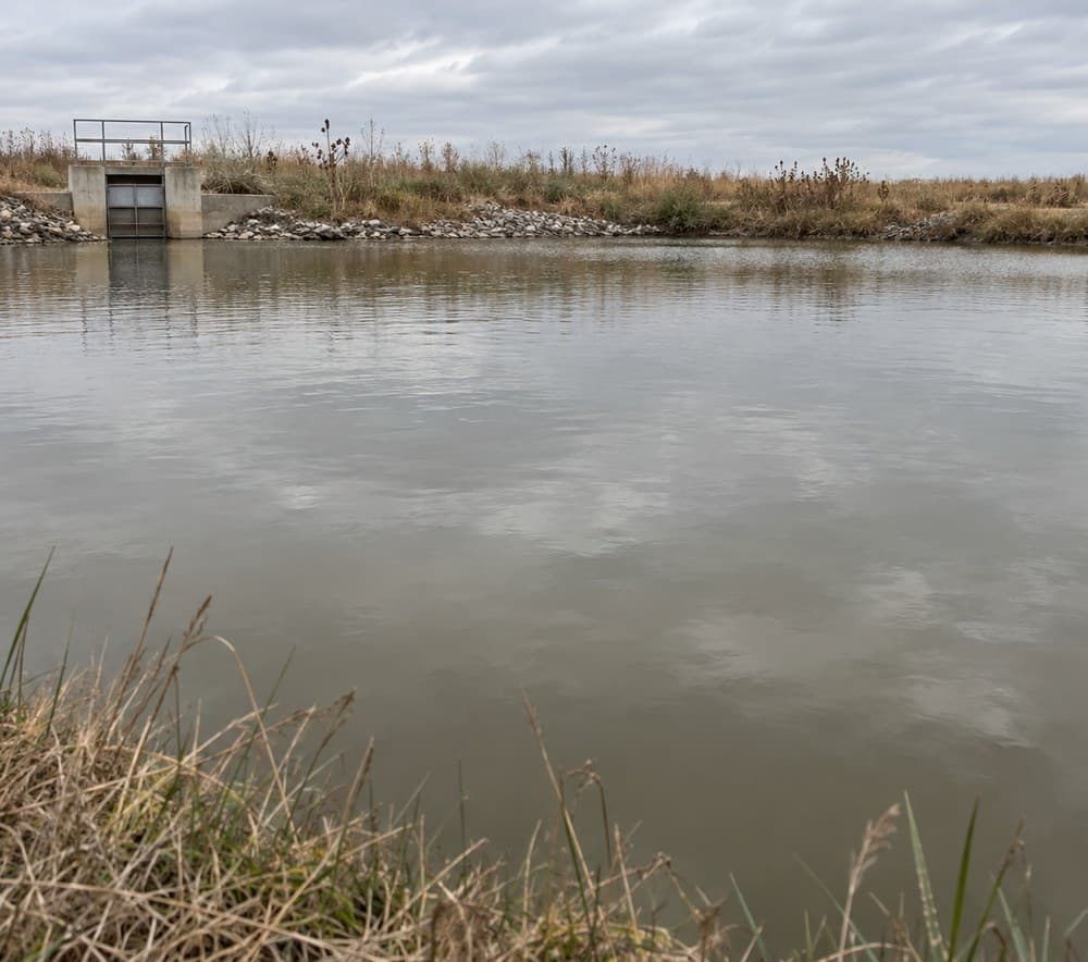Water in an open channel beside a headgate structure